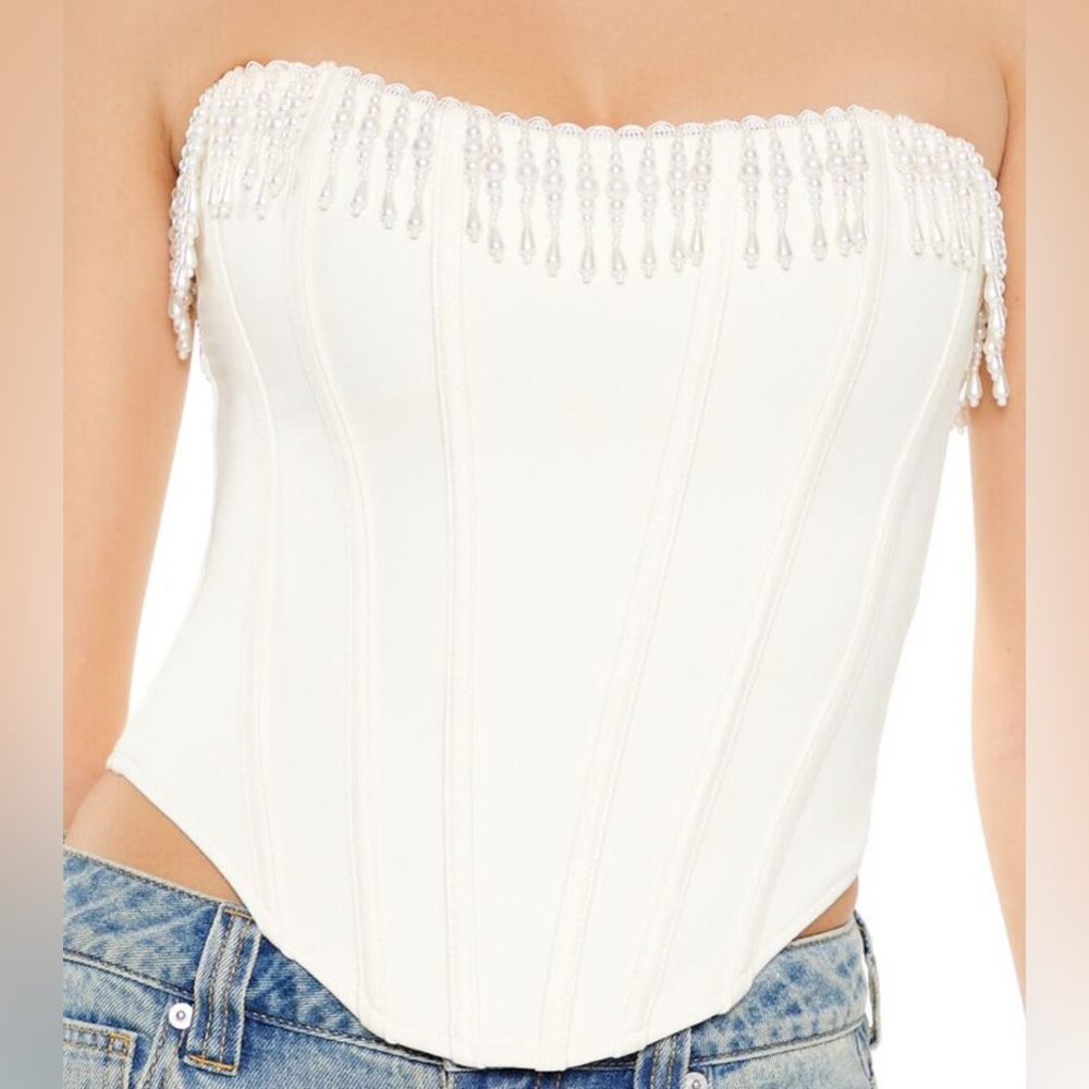 Pearl Beaded Fringe-Trim Bustier